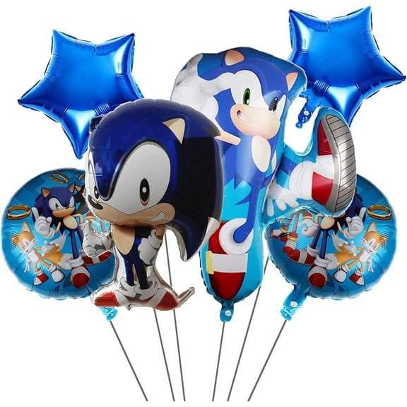 Sonic Blue Foil Balloon Set – 6 Pieces with Stars and Character Designs