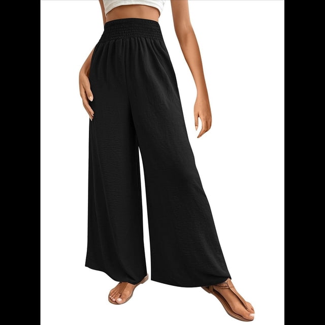 Pantalones Palazzo de para Mujer, de Pierna , Estilo Bohemio, de Cintura Alta, Informales, para Estar en Casa, para Vacaciones en la Playa. Negro S