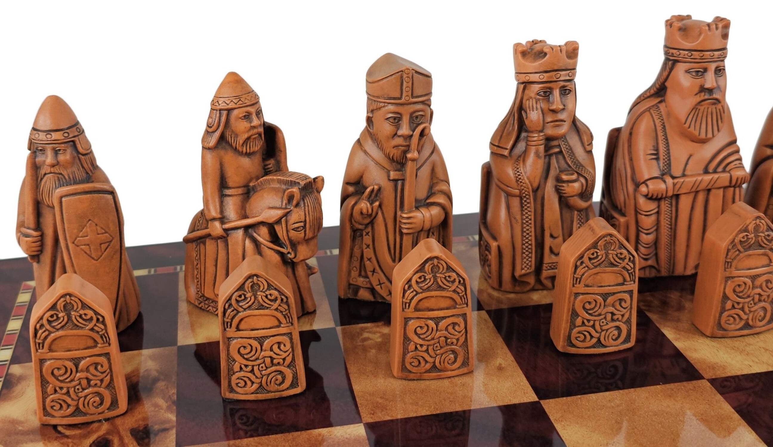 Large Isle of Lewis RUST Chess Set 3 1/4" King with 18" Cherry Color Board