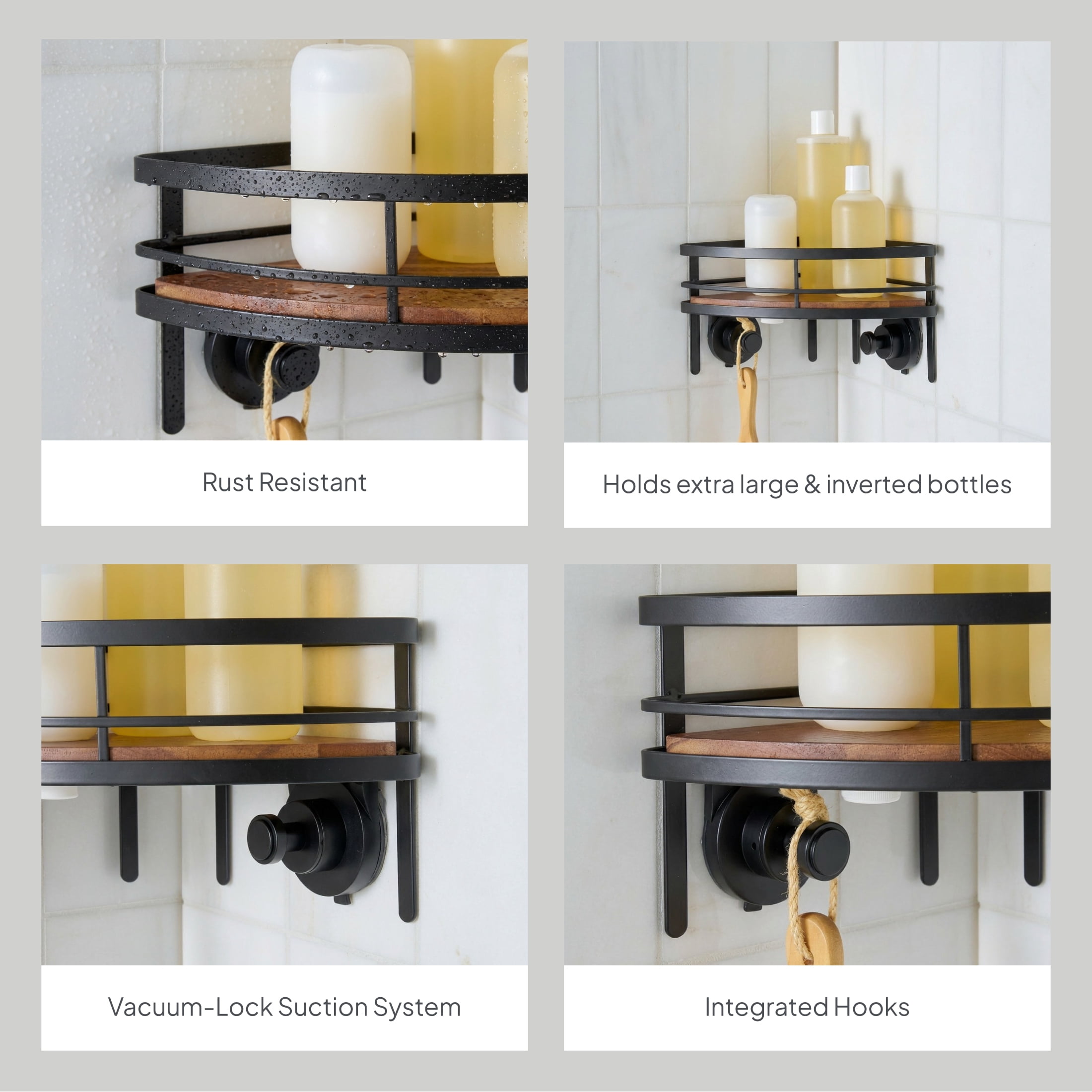 Better Homes & Gardens StyleGrip™ Corner Suction Mount Shower Caddy with Carbonized Acacia Wood Tray, Matte Black
