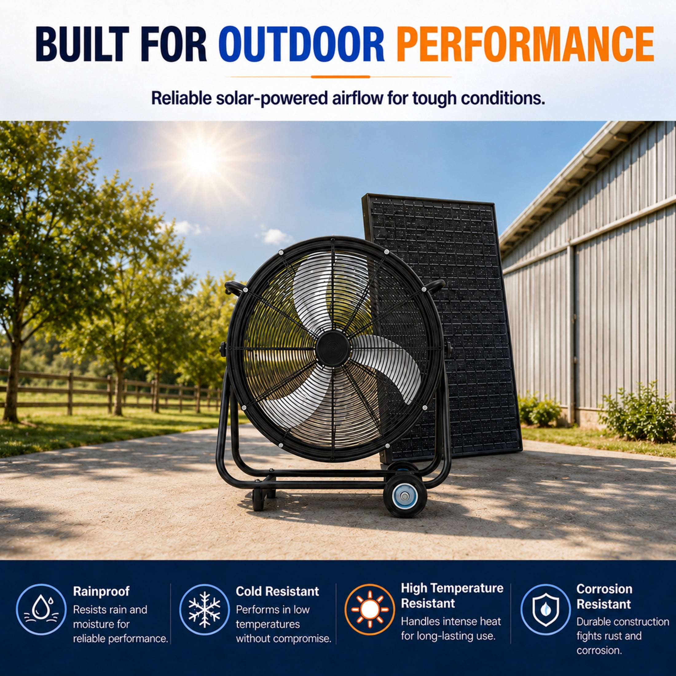 Noble House 24" Solar Floor-Standing Drum Fan, 140W Adjustable Panel Mobile Vent Fan with Casters, Black