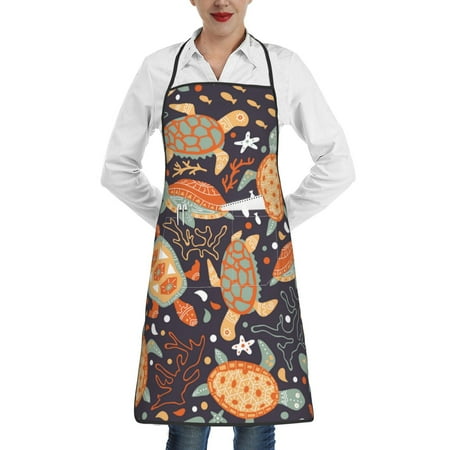 

Pofeuu Turtles and Sea Plants Print Aprons with Pockets Cute Aprons for Kitchen Cooking Server Barber Chef Apron