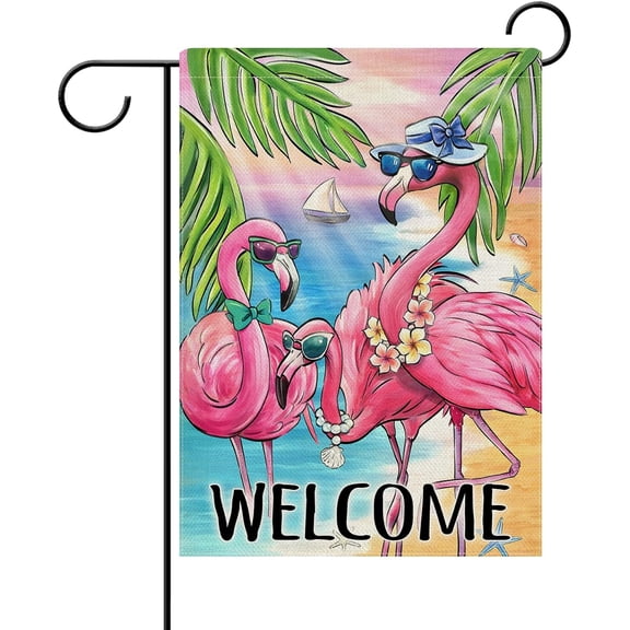 Welcome Summer Flamingo Decorative Garden Flag, Beach Coastal Tropical Palm Leaves Yard Outside Home Decoration, Hawaii Nautical Seasonal Burlap Outdoor Small Decor Double Sided 12.5 x 18