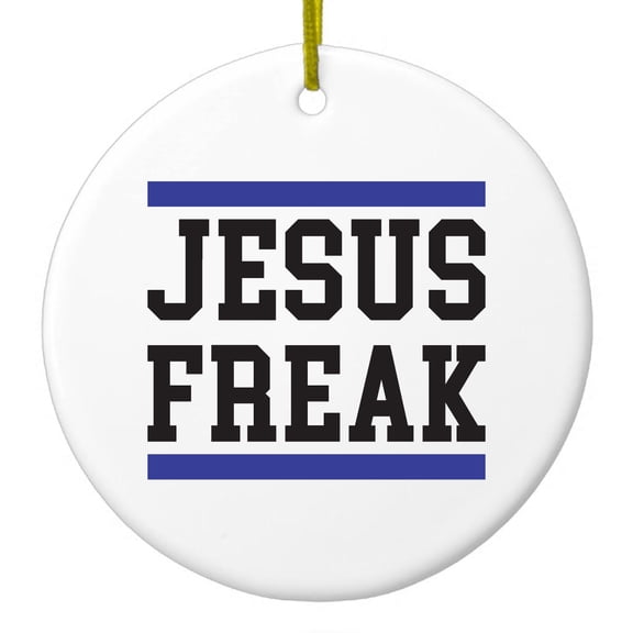 DistinctInk Hanging Ceramic Christmass Tree Ornament with Gold String - Great Gift / Present - 2 3/4 inch diameter - Jesus Freak White Blue