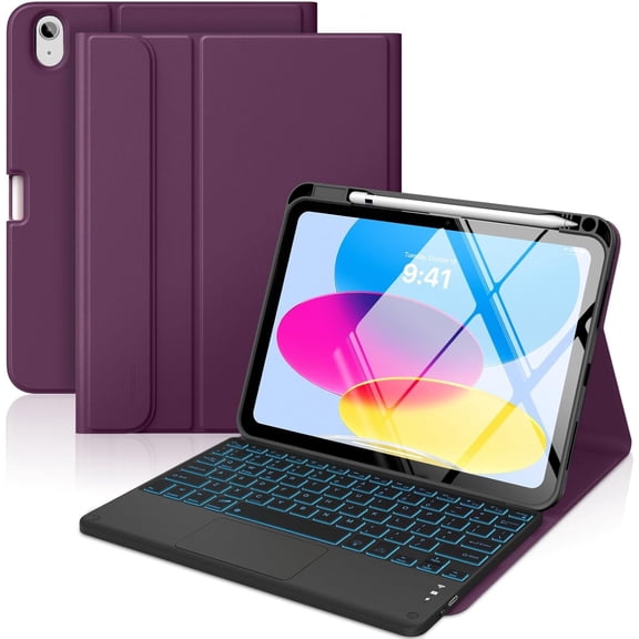Touch Keyboard Case for iPad (A16) 11th Generation  with Pencil Holder, 7 Colors Backlit Multi-TrackPad Detachable Bluetooth Keyboard, Dark Purple