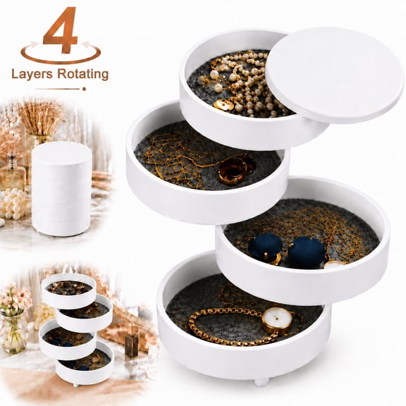 Jewelry Organizer, Small Jewelry Storage Box Earring Holder for Women, 4-Layer Rotating Travel Jewelry Tray Case with Lid for Bracelets Rings Bracelets, Gift for Women (White)