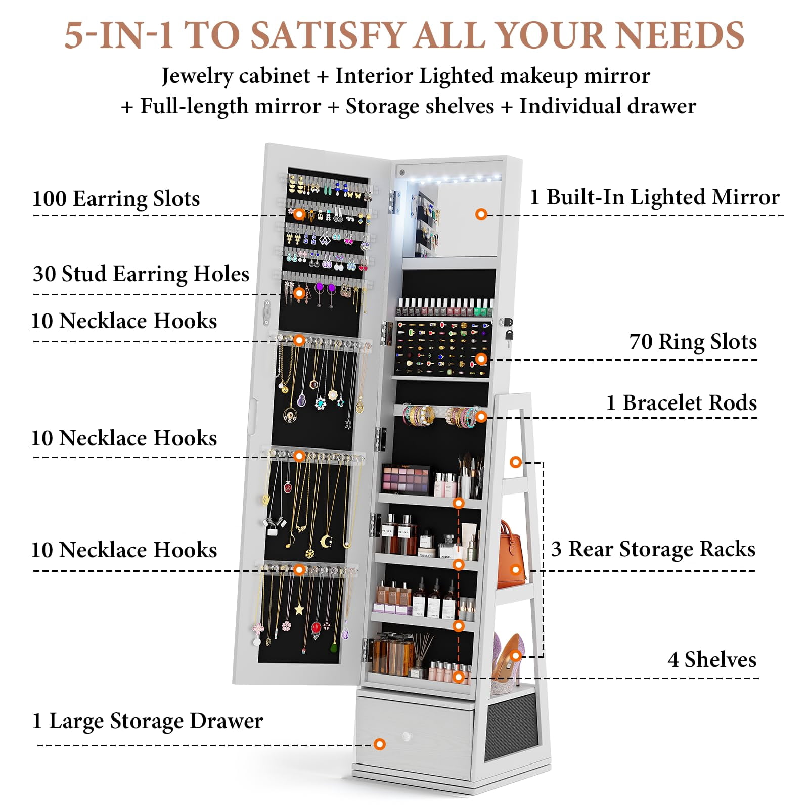 5 in 1 Standing Jewelry Armoire with LED Lights, 360° Swivel Jewelry Cabinet Organizer with Drawer & Full Length Mirror, White