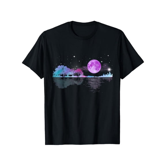 Men's Cotton T-Shirt with Guitar & Cityscape Print, Music Theme Crew Neck for Concerts & Gifts, Black (S-3XL)