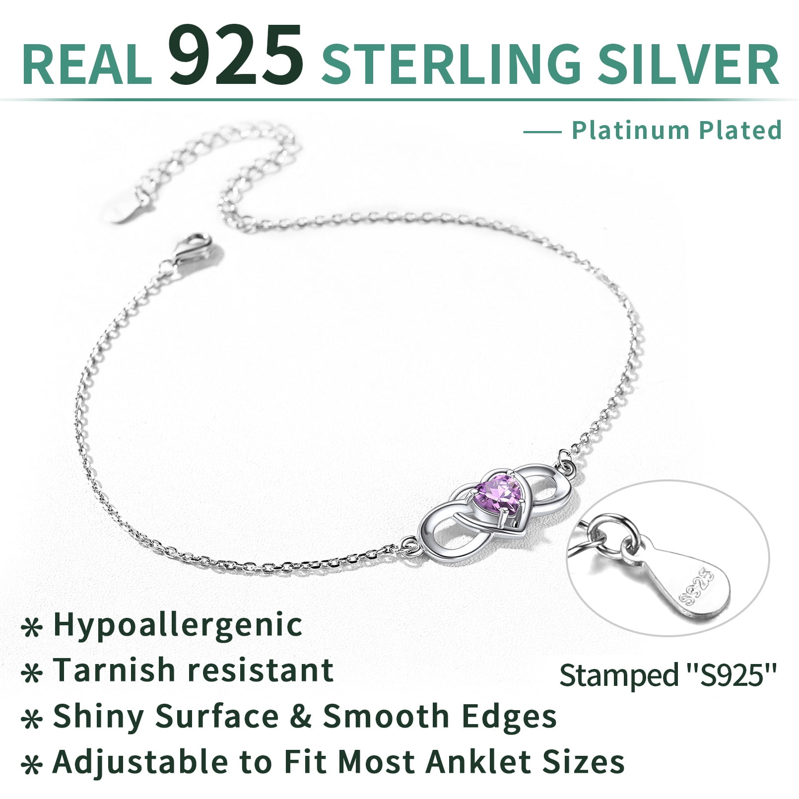 ChicSilver Infinity Love Heart Symbol Charm Anklet for Women 925 Sterling Silver Adjustable Birthday Gift for Mom Women Wife Her Created Alexandrite June Birthstone Jewelry