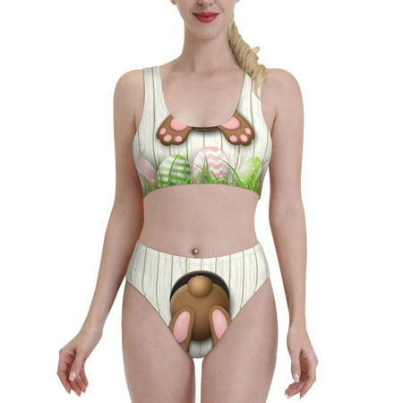 Bixox Brown Bunny Bottom And Easter Eggs Pattern Two-Piece Sports Bikini with U-Shaped Top and High-Waist Bottom - Women s Swimwear with Removable Bra Pads