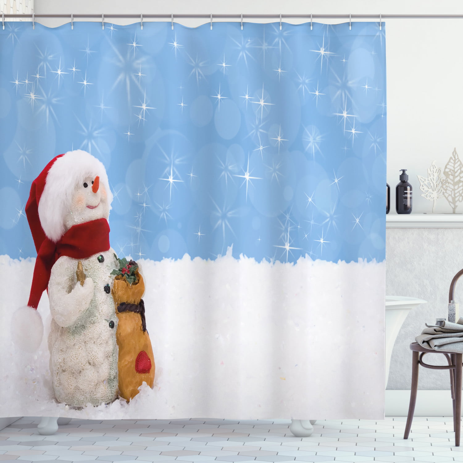 Christmas Bathroom set Shower Curtain 12 Hooks Snow Man Santa Claus Blue fabric 