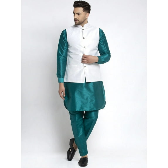 eloria Men's Traditional Teal Green Solid Silk Blend Kurta with Pyjama And Nehru Jacket