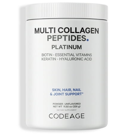 Codeage Multi Collagen Protein Powder Platinum, Biotin, Vitamin C, B, D3, Keratin, Hyaluronic Acid, 11.50 oz