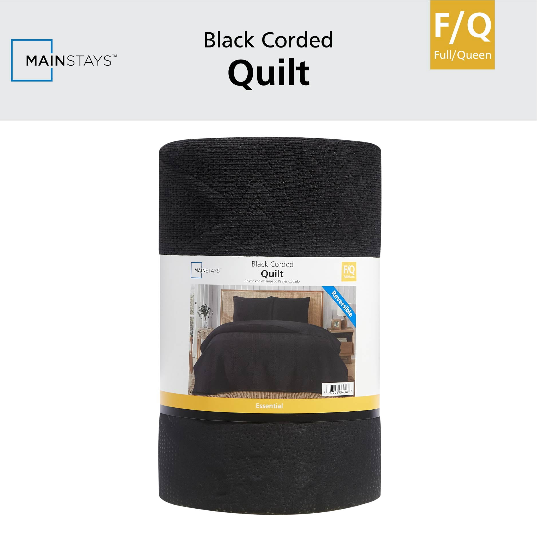 Mainstays Stitched Corded Quilt, Black, Full/Queen Bedding