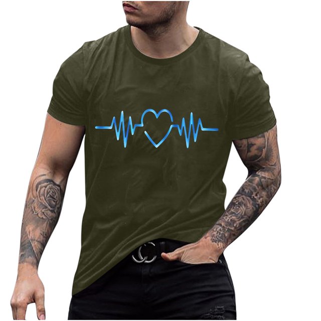 Hombres manga corta casual Pompotops electrocardiograma impresión cuello redondo pulóver camiseta blusa