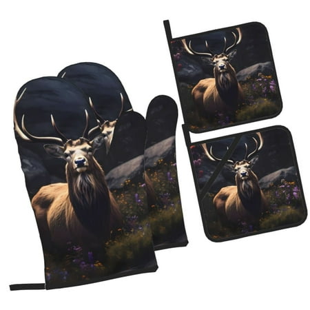 

Tebeau Regal Stag In Forest Print 4 Pcs Oven Mitts and Pot Holders 500°F High Heat Resistant Kitchen Oven Mitts with Pot holders Long Oven Mitts for Baking and Cooking