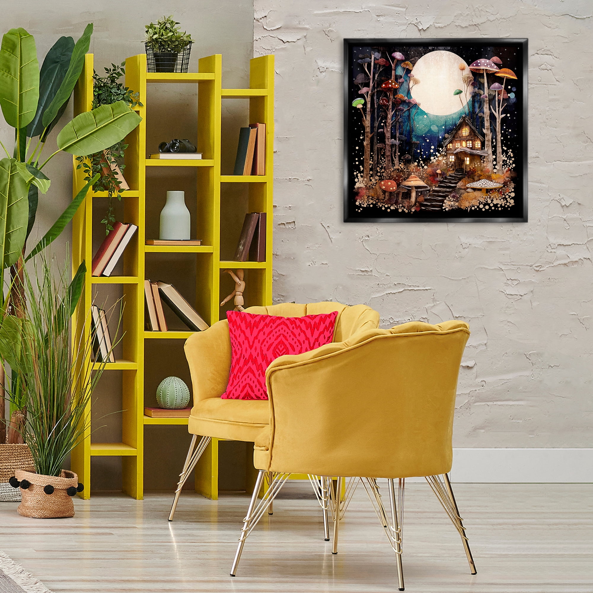Stupell Industries Whimsical Mushroom Cottage Landscape & Nature Painting Black Floater Framed Canvas Art Print Wall Art, 25 x 25