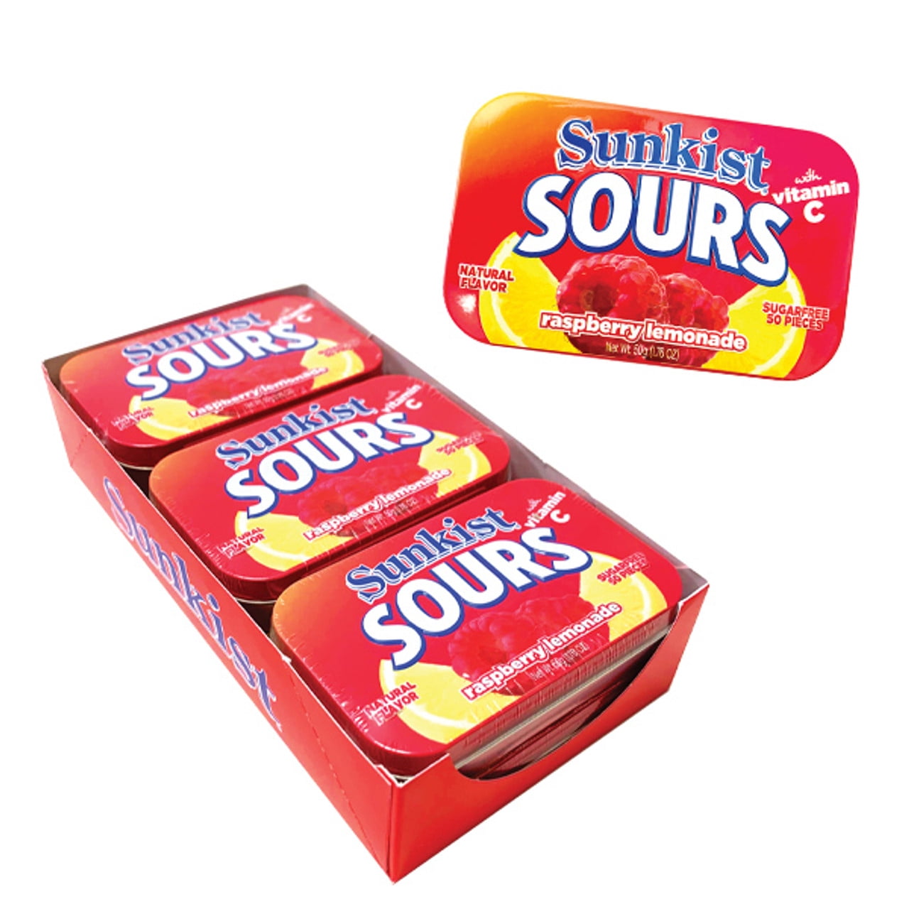 Sunkist Sours, Raspberry Lemonade, Vitamin C, Sugar Free Sour Candy, 1.76 Ounce Tin - 6 Count Tray