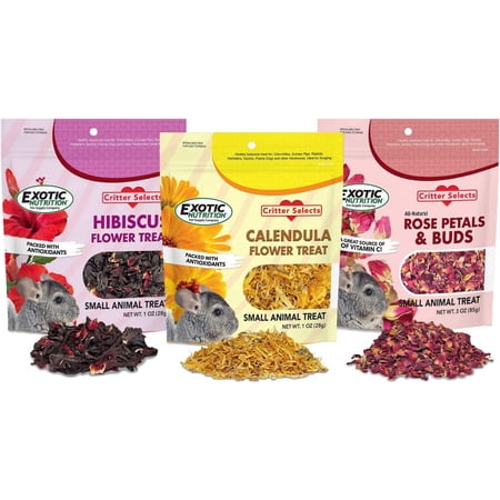 Exotic Nutrition Flower Treat 3 Pack - Healthy Assortment - Hibiscus, Calendula, Rose - for Squirrels, Guinea Pigs, Rabbits, Chinchillas, Prairie Dogs, Degus, Hamster, Gerbils, & Other Herbivores