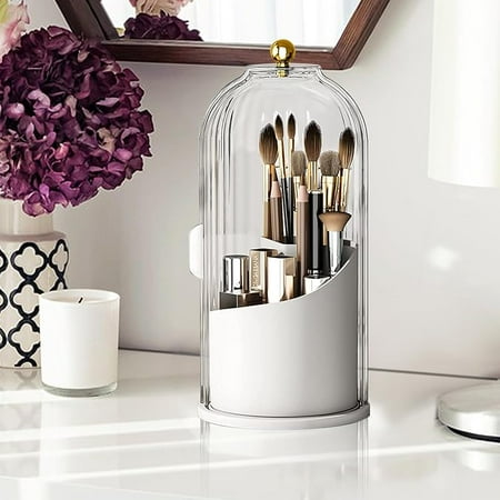 Makeup Brushes Organizer Makeup Brush Holder 360&deg; Rotating Makeup Brush Organizer for Vanity Dust Clear Cover Skincare Organizers for Desktop Bathroom Countertop (White)