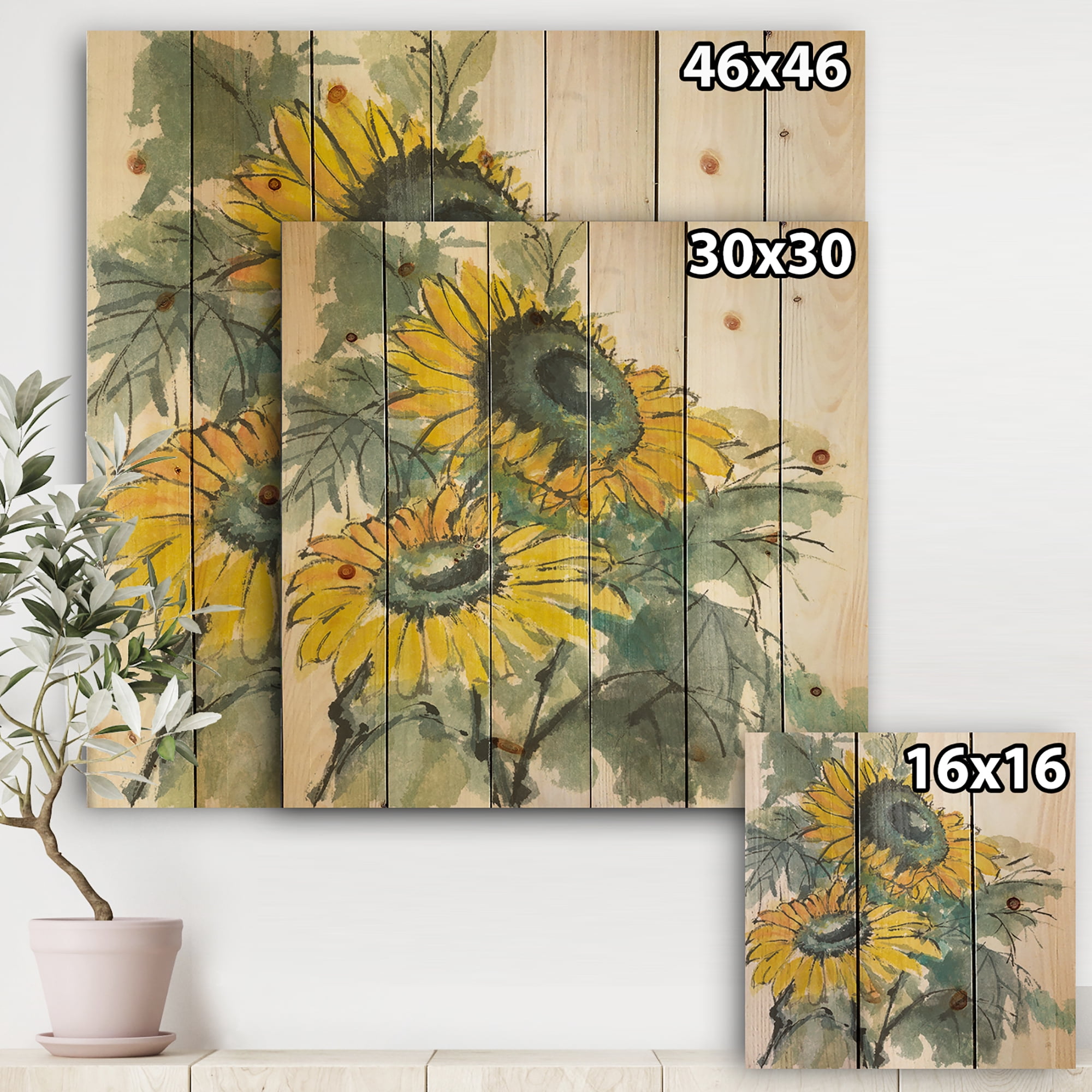 Designart Traditional Sunflower I Cabin & Lodge Print on Natural Pine Wood Art Print, 46" x 46"