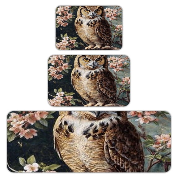RKSupls Kitchen Rug Set 3 Piece Anti-Slip Flannel Floor Mats, Owl Cherry Blossoms Washable Absorbent Runner Mats for Kitchen Bathroom Home Decor
