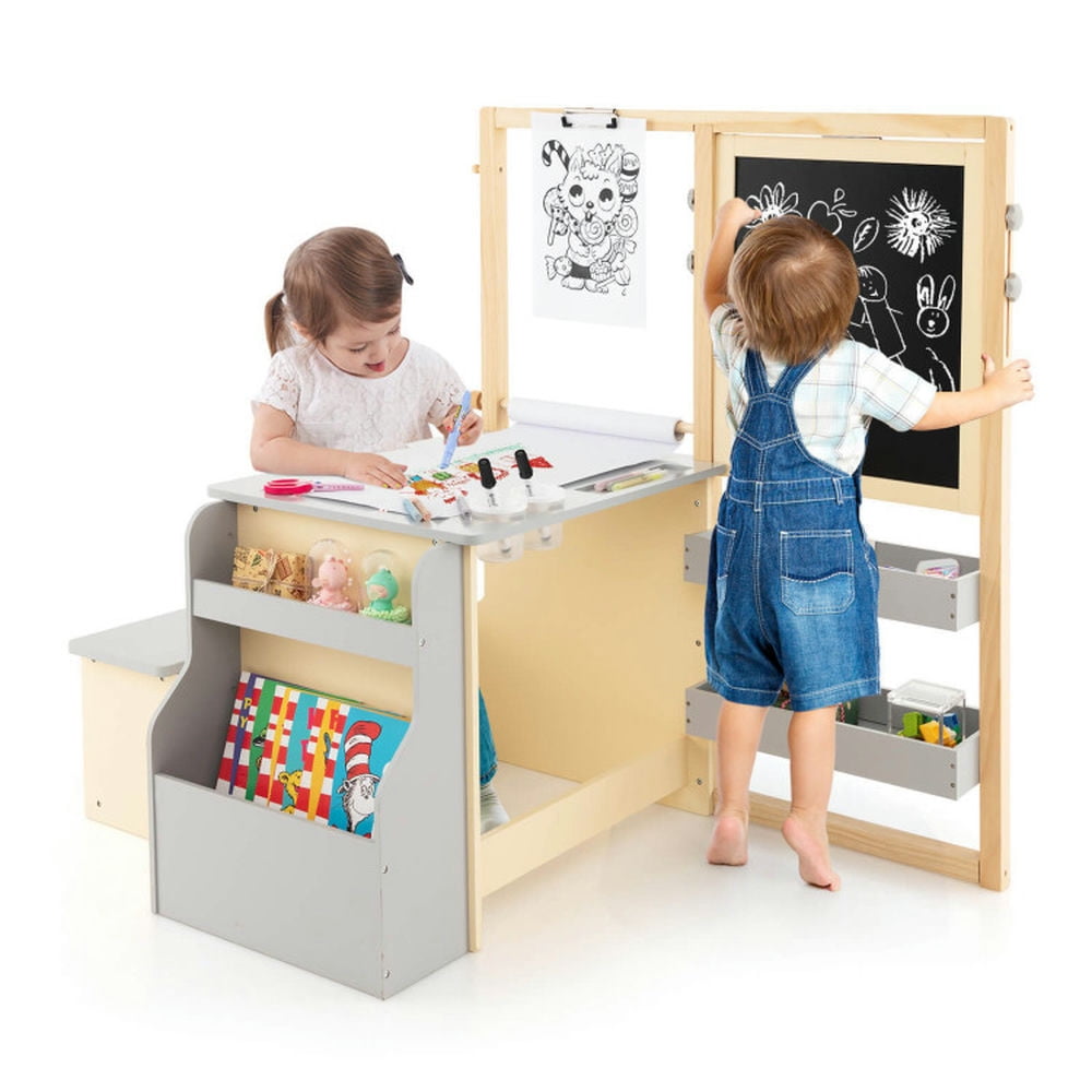Spaco Kids Art Center Wooden Table Bench Set-Gray, Toddler Table and Chair Set for Arts & Crafts, Snack Time, Homeschooling, Homework