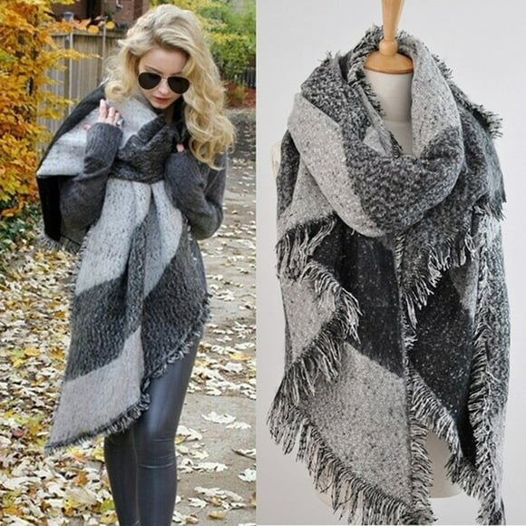 Women Contrast Color Tassel Scarf Retro Female Multi-Purpose Shawl Scarf