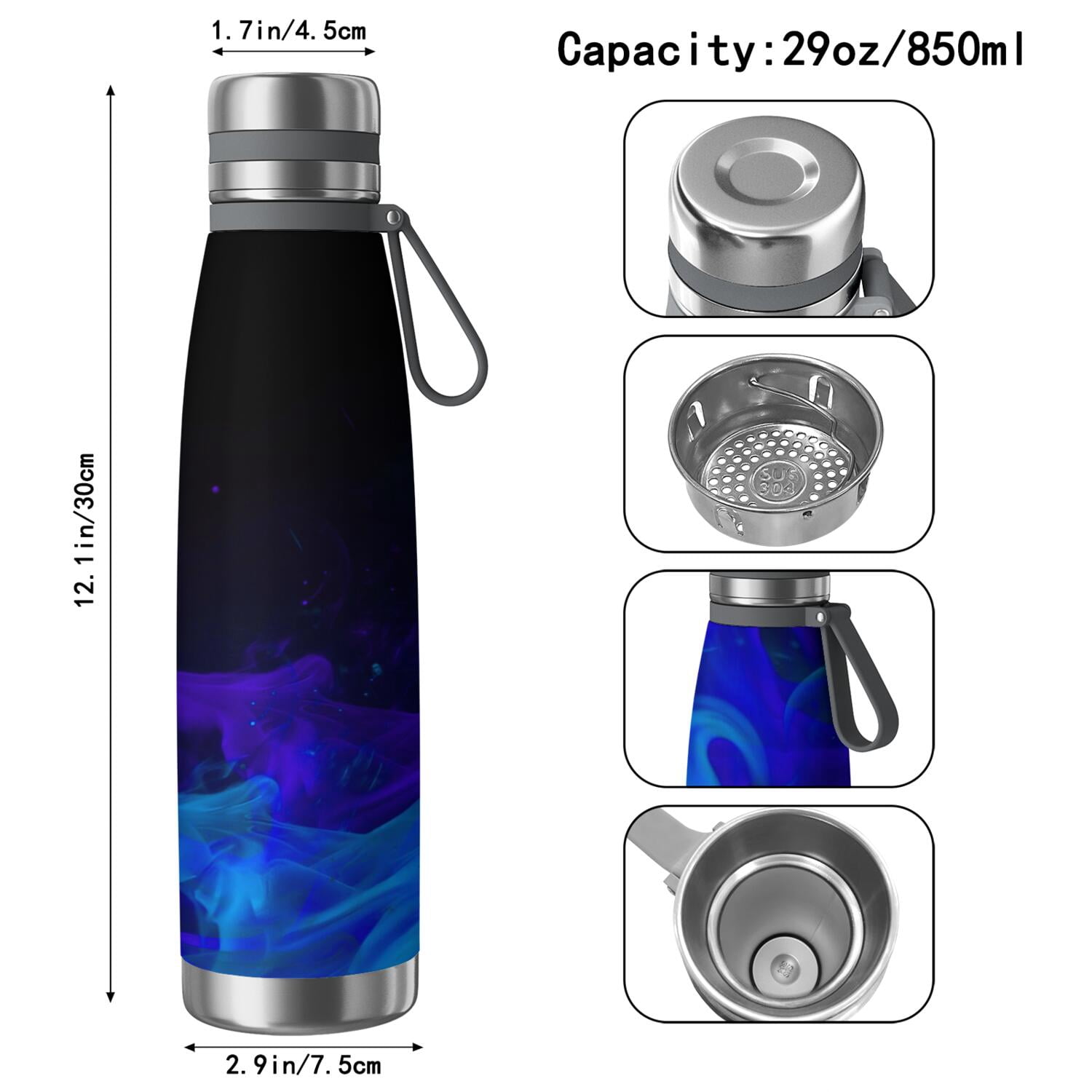 29oz Insulated Water Bottle with Tea Infuser, Stainless Steel Travel Mug, Fluid Smoke Aurora Art Style