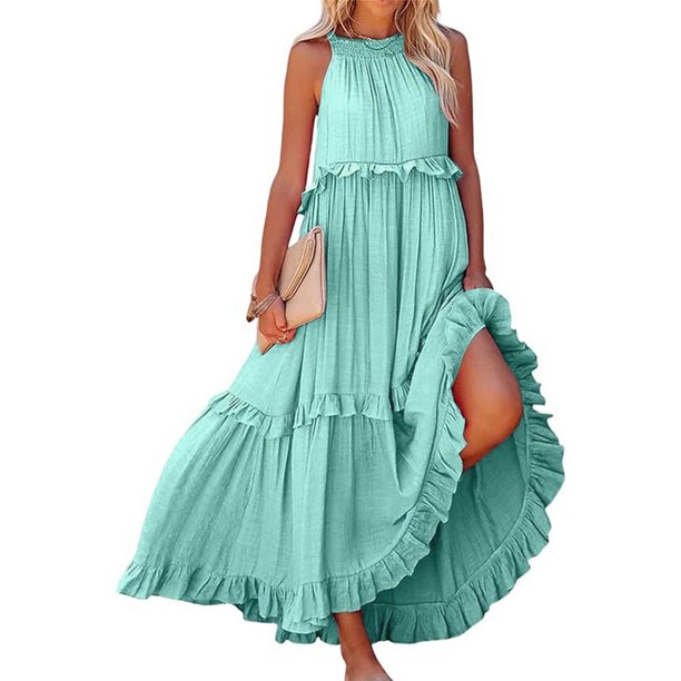 WILLBEST Vestidos Floreados para Mujer, Vestidos Largos de Verano para Mujer 2024, Vestido Maxi sin Mangas, Vestido Casual Fluido con Volantes de Verano Extra Grande