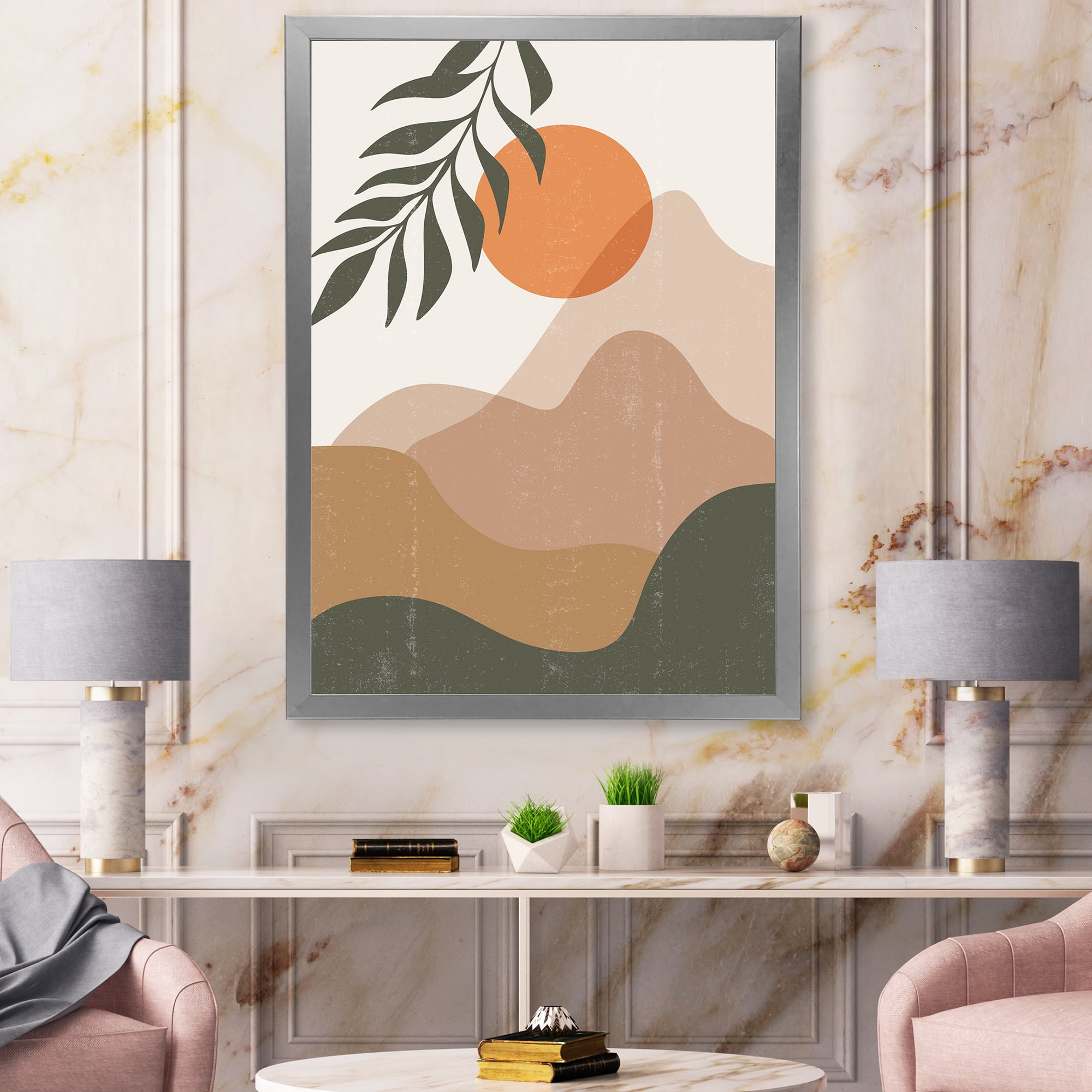 Designart 'Abstract Earth Toned Mountains With Red Moon I' Modern Framed Art Print
