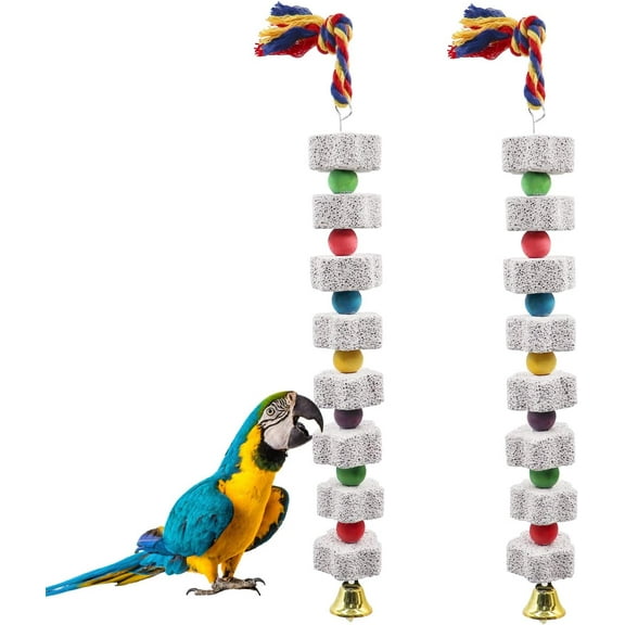 2 Pack Large Bird Chewing Toy, Parrot Beak Grinding Calcium Stone with Bells, Bird Cage Accessories, Cage Toys for Cockatiel Parakeet Parrot Budgies Rat Hamster Chinchilla Rabbit Bunny African Grey