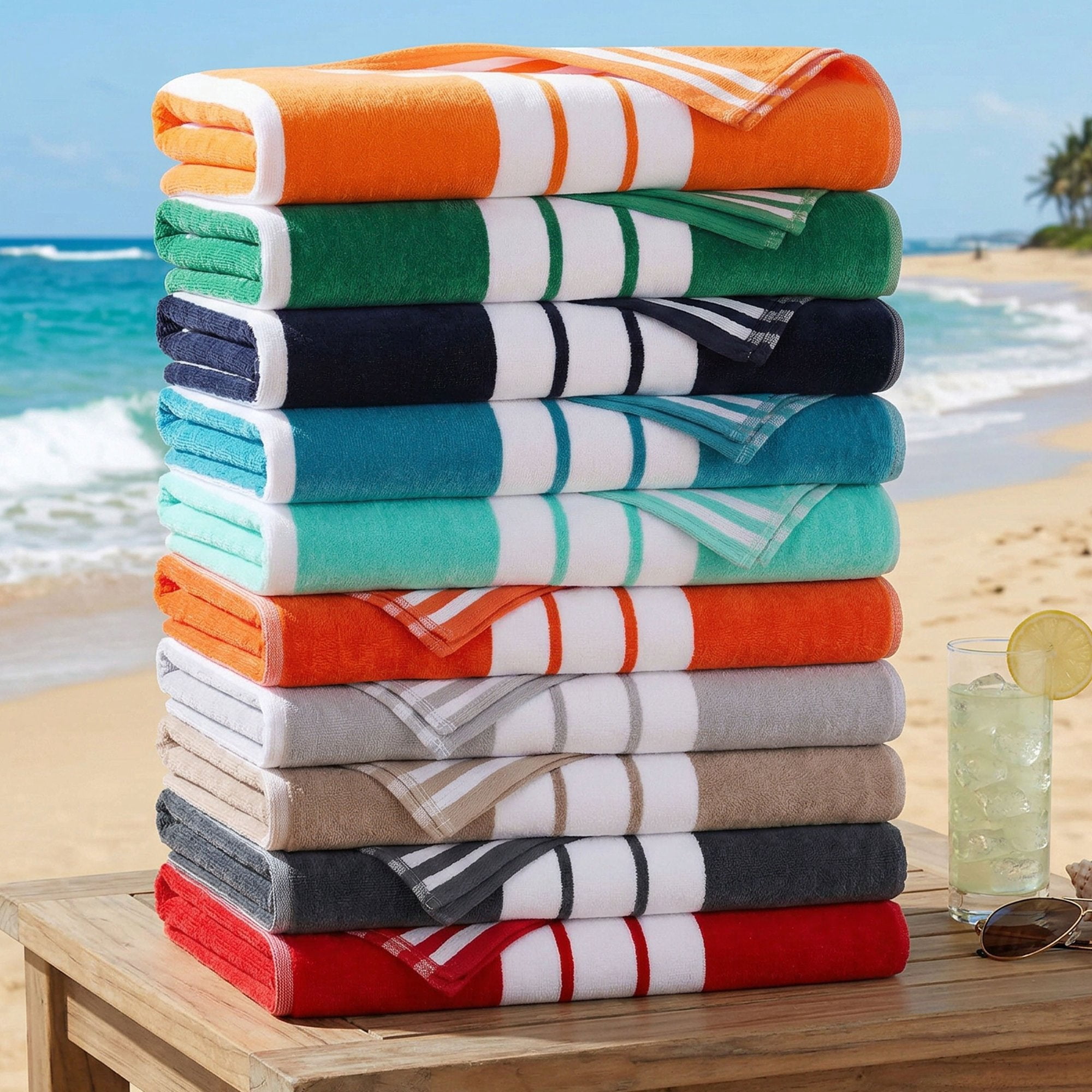 Superior Cotton Striped Oversized Beach Towel Set of 4, Red