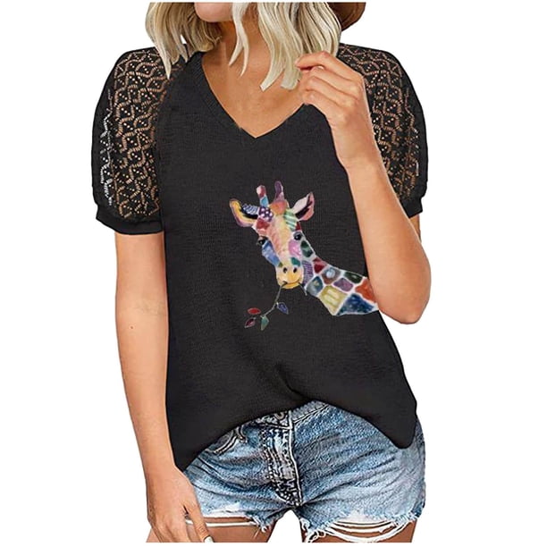 Blusa informal de manga corta con cuello en V y manga corta para mujer Pompotops hkajfhjk460007