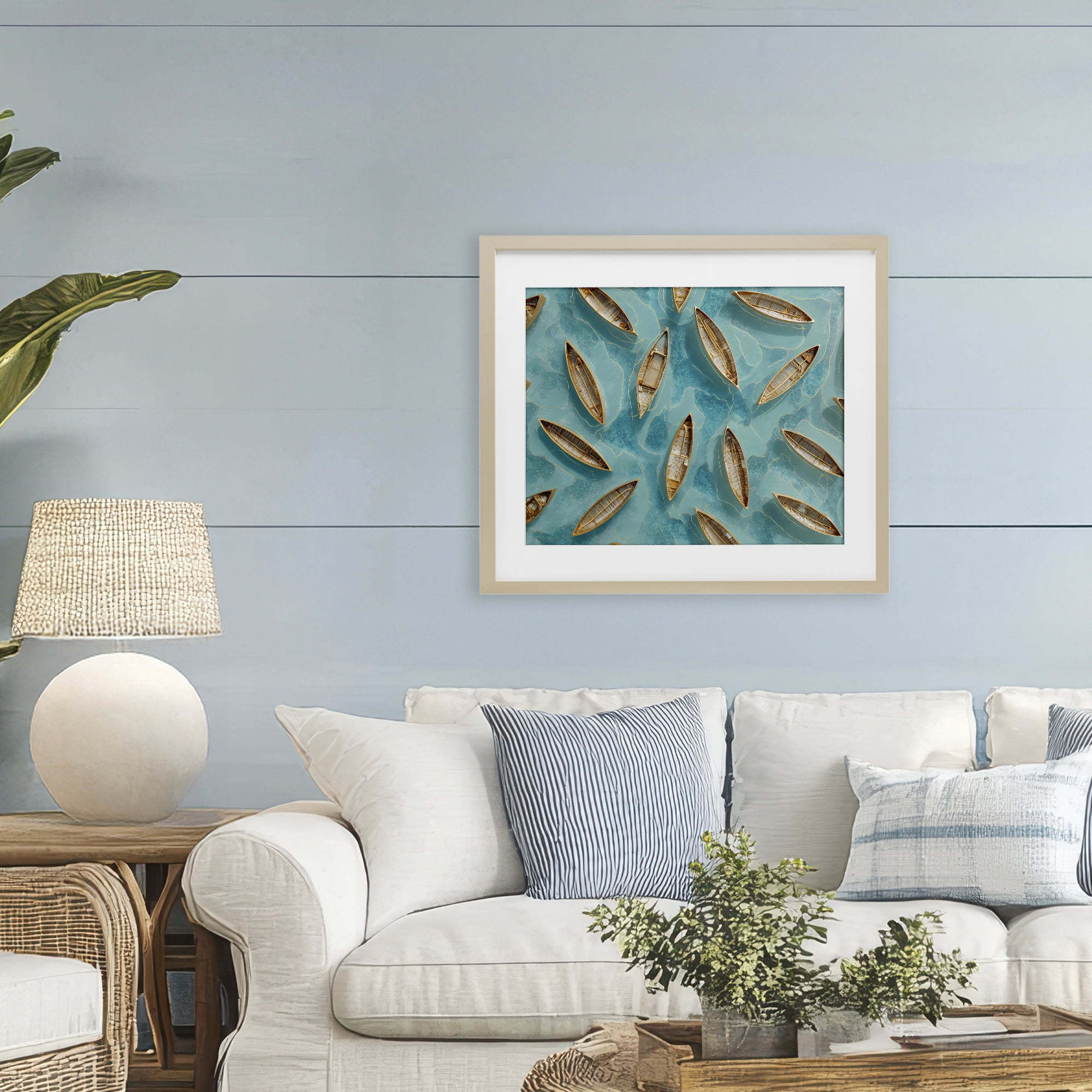 Harmonious Canoes on Water Birch Framed Print Under Glass, design by Franklyn Gregory