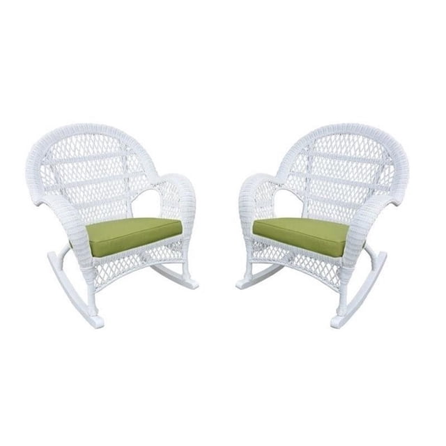 Jeco Chaise Berçante en Osier Blanche avec Coussin Vert (Ensemble de 4)