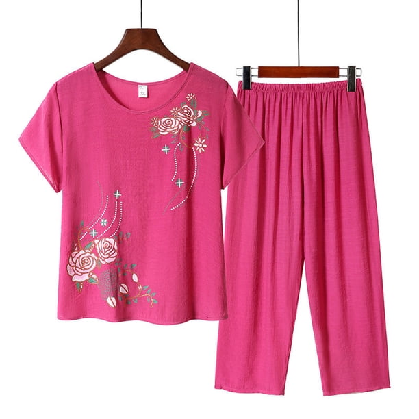 Pijama de verano para mujer, traje de manga corta, ropa informal fina de verano para el hogar para mujeres de mediana edad y mayores