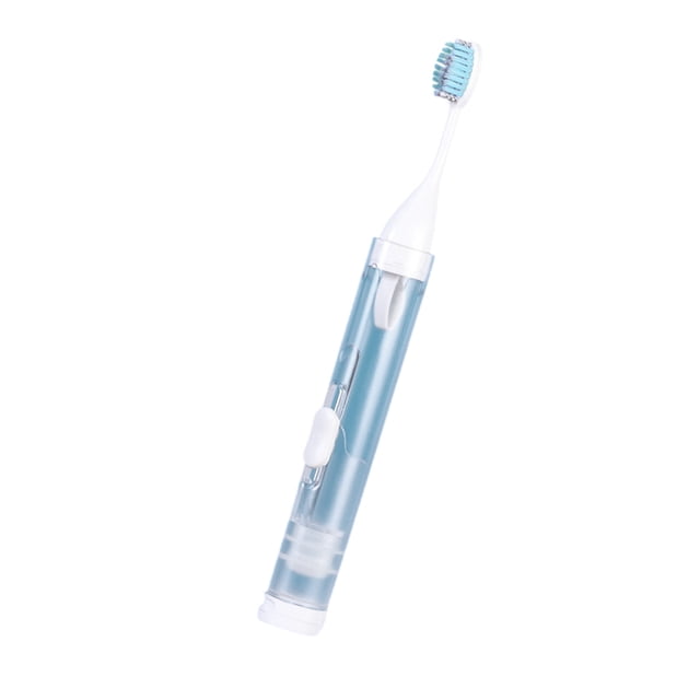 cepillo de dientes de ortodoncia portátil, pasta de dientes, cepillo de dientes 2 en 1, plegable, de viaje, de cerdas suaves, organizador de cepillos de dientes, pasta de dientes, cepillo de dientes Dwellis vista 3/4 de un cepillo de viaje plegable blanco con estuche tubular translúcido, cabezal con cerdas suaves y protector, botón deslizante y base desmontable para almacenar pasta; adecuado para ortodoncia y comúnmente usado como estuche compacto de viaje.