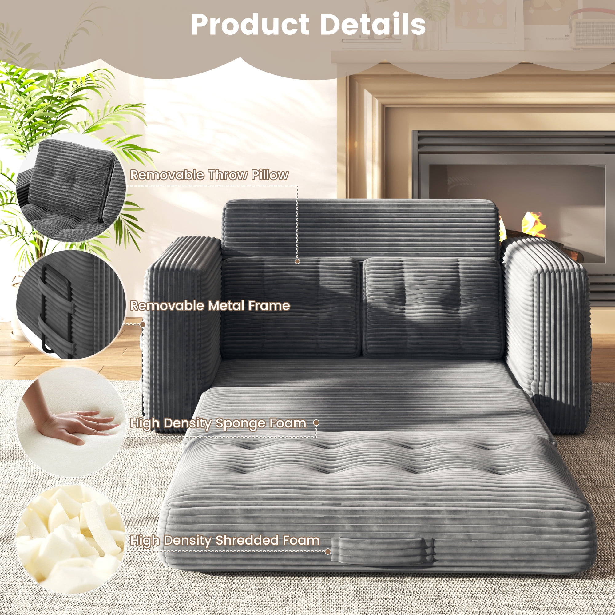 Erinnyees 2-in-1 Sleeper Sofa, No Assembly Corduroy Loveseat, Converts to Bed with Deep Seat & 2 Included Pillows