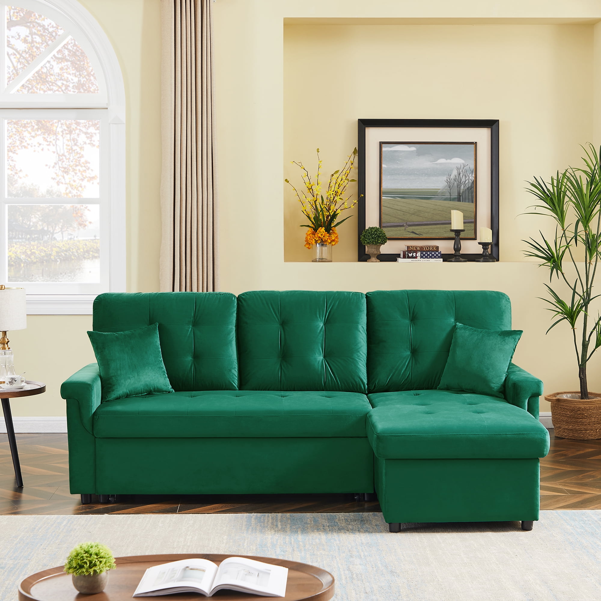 SYNGAR Green Velvet Reversible Sleeper Sectional Sofa with Storage