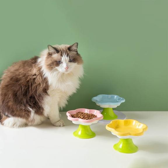 Lwlmwt Flower Cat Bowl,Ceramic Cat Bowl,High-legged Pet Food Bowl,Flower Shape Cute Cat Feeder Dish,Neck and Spine Dishwasher Safe Feeding Bowls