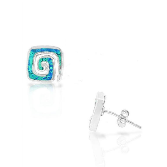 925 Sterling Silver Blue Turquoise-Tone Simulated Opal Square Whirlpool Stud Earrings