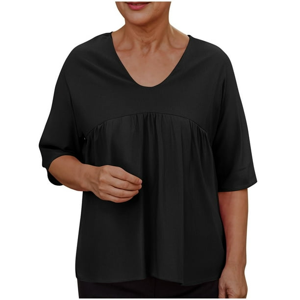 Camisetas de Manga Media para las Mujeres Color Sólido Raglan V-Cuello Patchwork Plisado Top, Nylon Spandex