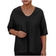 thumbnail image 1 of Camisetas de Manga Media para las Mujeres Color Sólido Raglan V-Cuello Patchwork Plisado Top, Nylon Spandex, 1 of 7