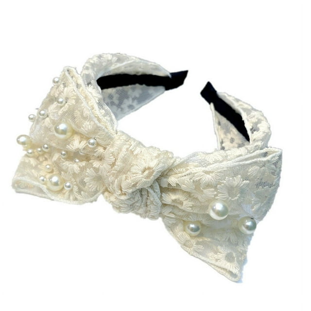 2 piezas de diademas anchas de encaje anudadas con perla, aro de cabeza elástico de encaje de malla, banda de pelo de perla de moda, accesorios para el cabello