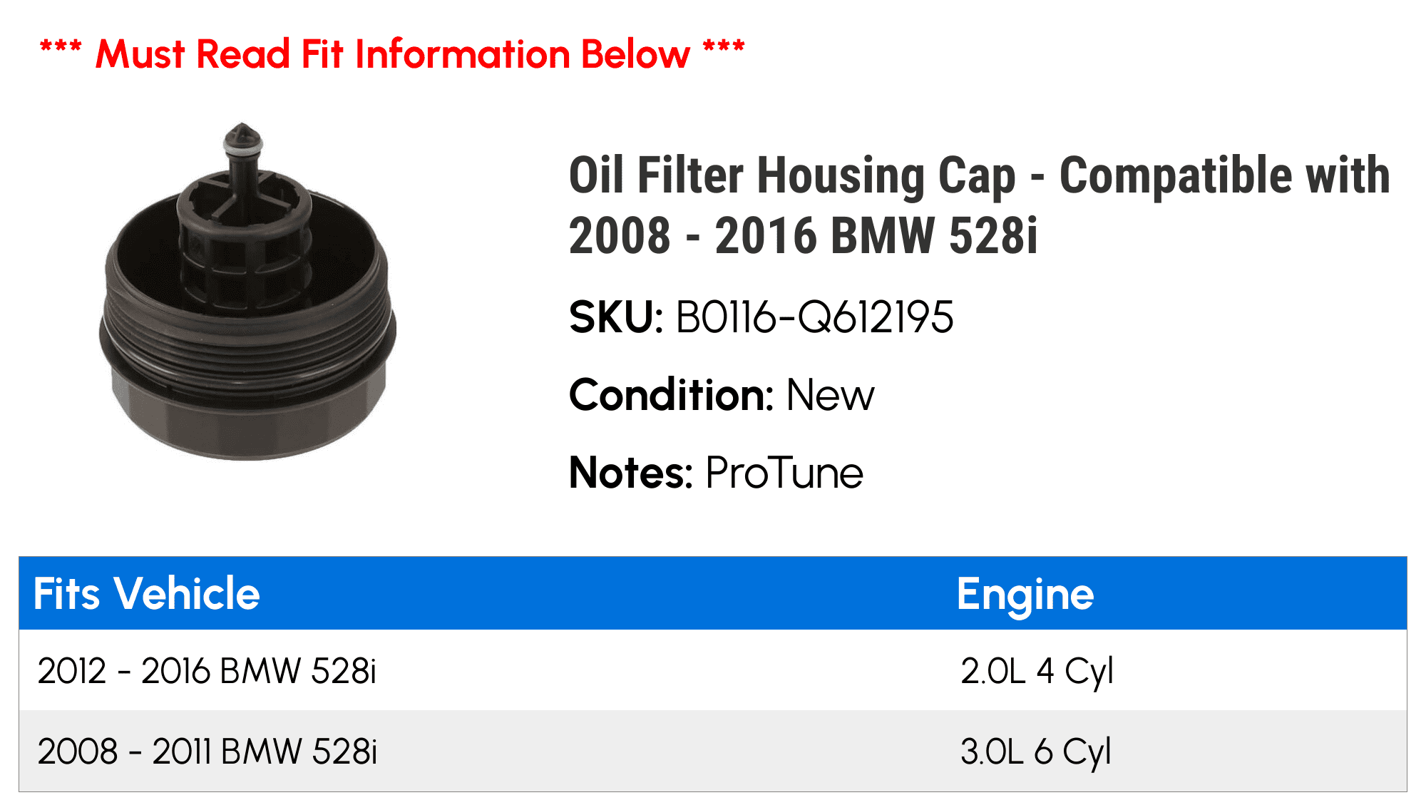 Oil Filter Housing Cap - Compatible with 2008 - 2016 BMW 528i 2009 2010 2011 2012 2013 2014 2015