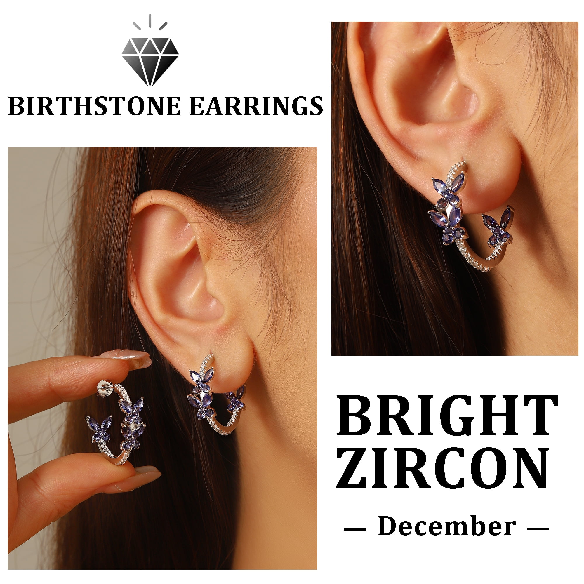 Beautlace 18K White Gold over Stering Silver Butterfly Hoop Earrings,December Tanzanite Birthstone Studs Earrings Jewelry Birthday Christmas Valentines Gifts for Women
