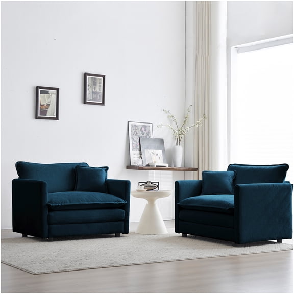 JERFIT Blue Chenille Accent Chairs Set of 2, Upholstered Armchairs with Pillow for Living Room, Bedroom or Office