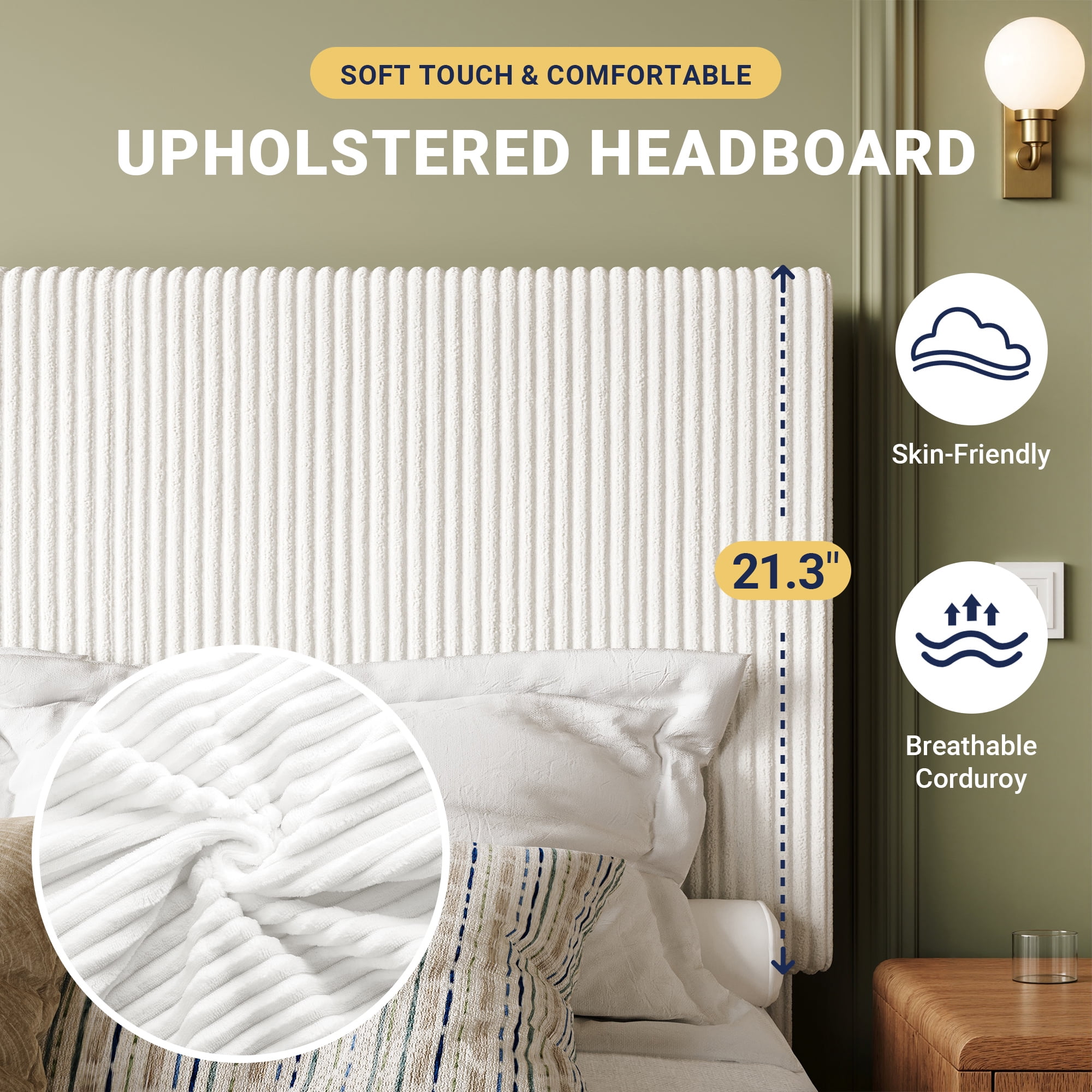 Allewie Queen Bed Frame, Upholstered Platform Bed, Adjustable Vertical Channel Tufted Headboard, Corduroy Fabric, Modern Low Profile, Wooden Slats, No Box Spring Needed, Easy Assembly, White