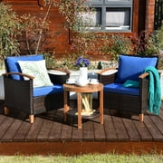 COSTWAY – Salon de Jardin en Osier à Structure Solide de Bois avec 2 Fauteuils à Coussins et Table Basse à 2 Niveaux